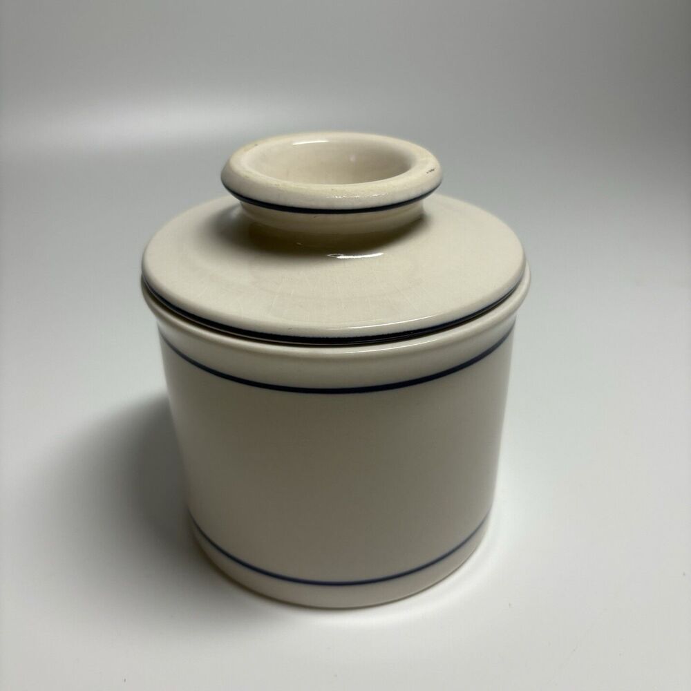 Vintage Butter Bell Cream Blue Stripe French Butter Keeper Cottage Kitchen